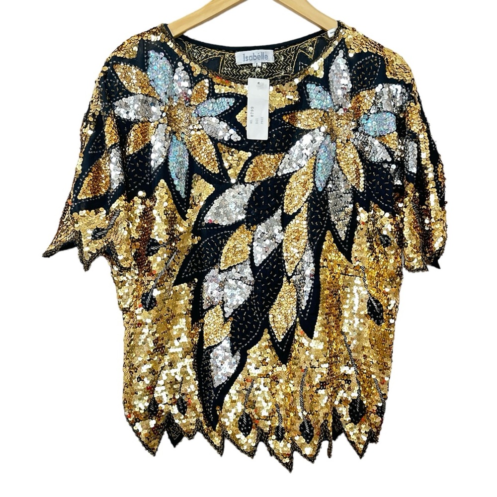 Isabelle Sequin Black, Silver‎ and Gold Flower Blouse Women’s Sz Large NEW